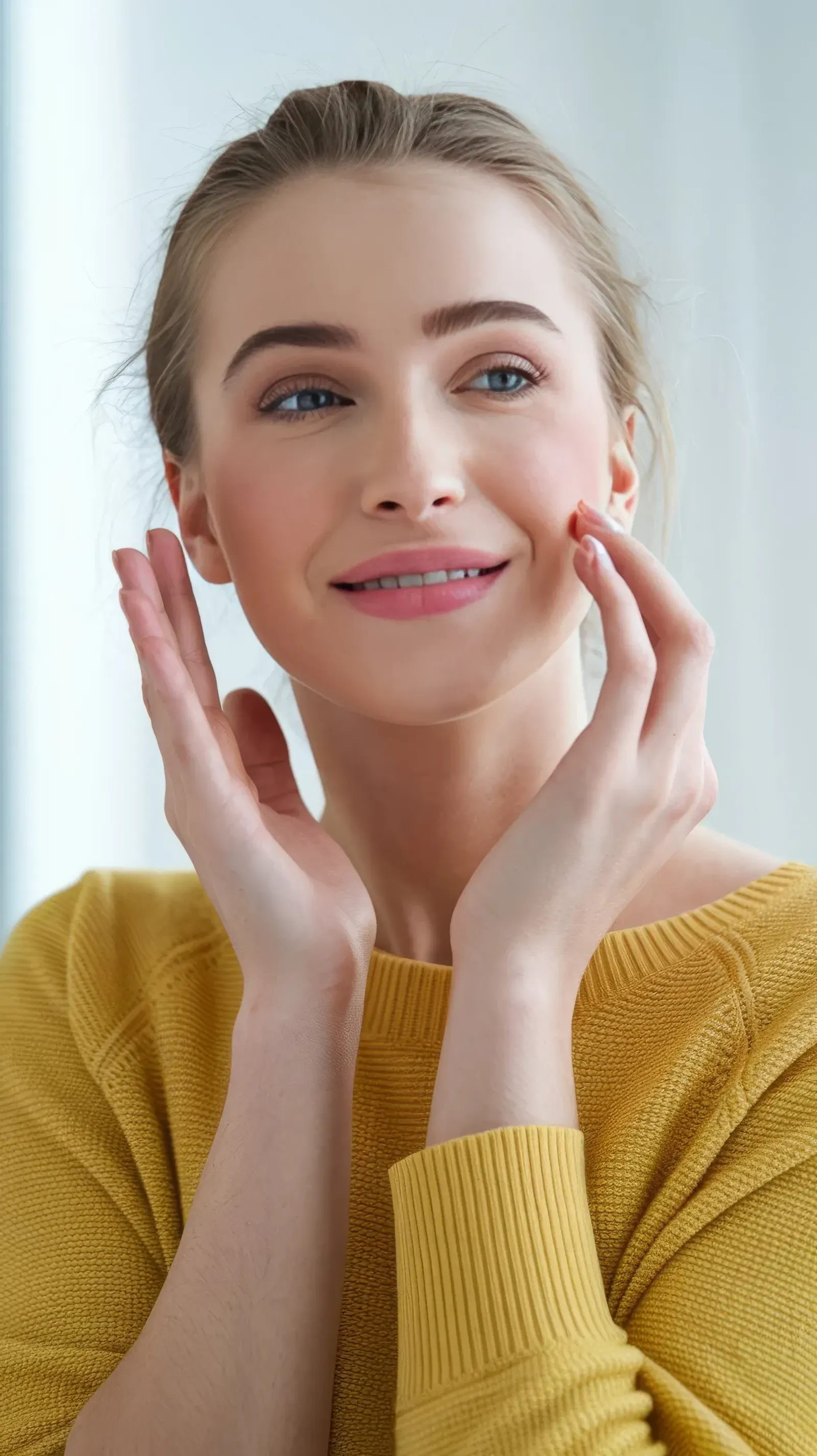 Young woman in yellow sweater smiling and touching her clear, smooth face