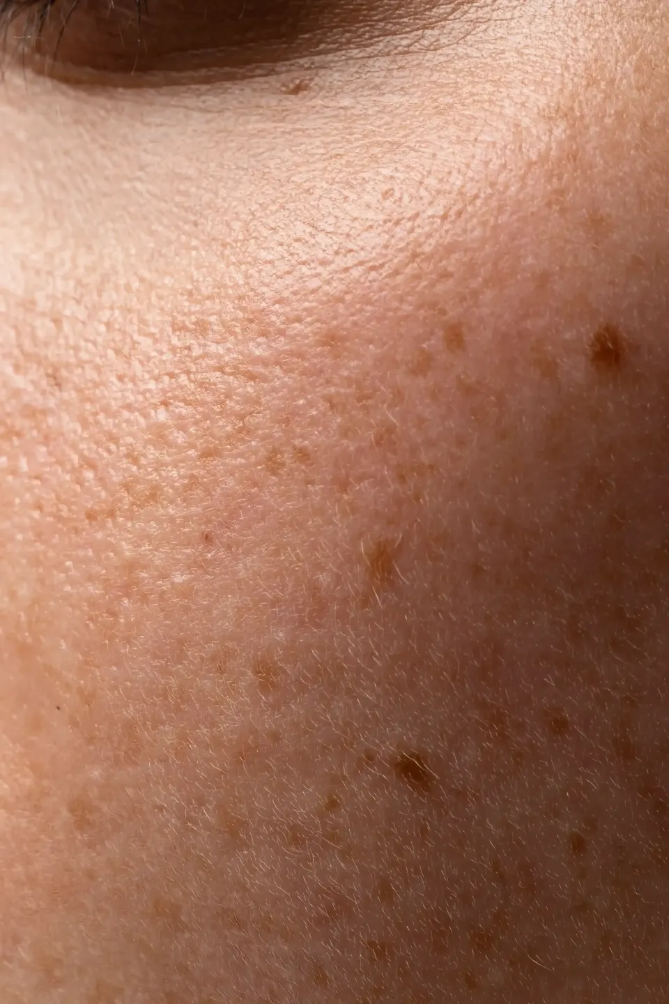 Close-up of a young woman's cheek showing dull, uneven skin texture and freckles