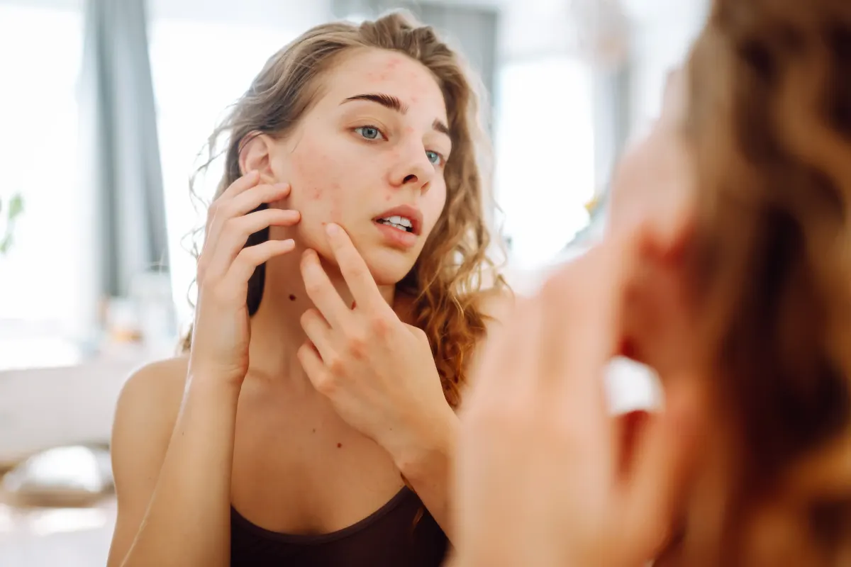 Young woman examining acne on her cheek in bathroom mirror