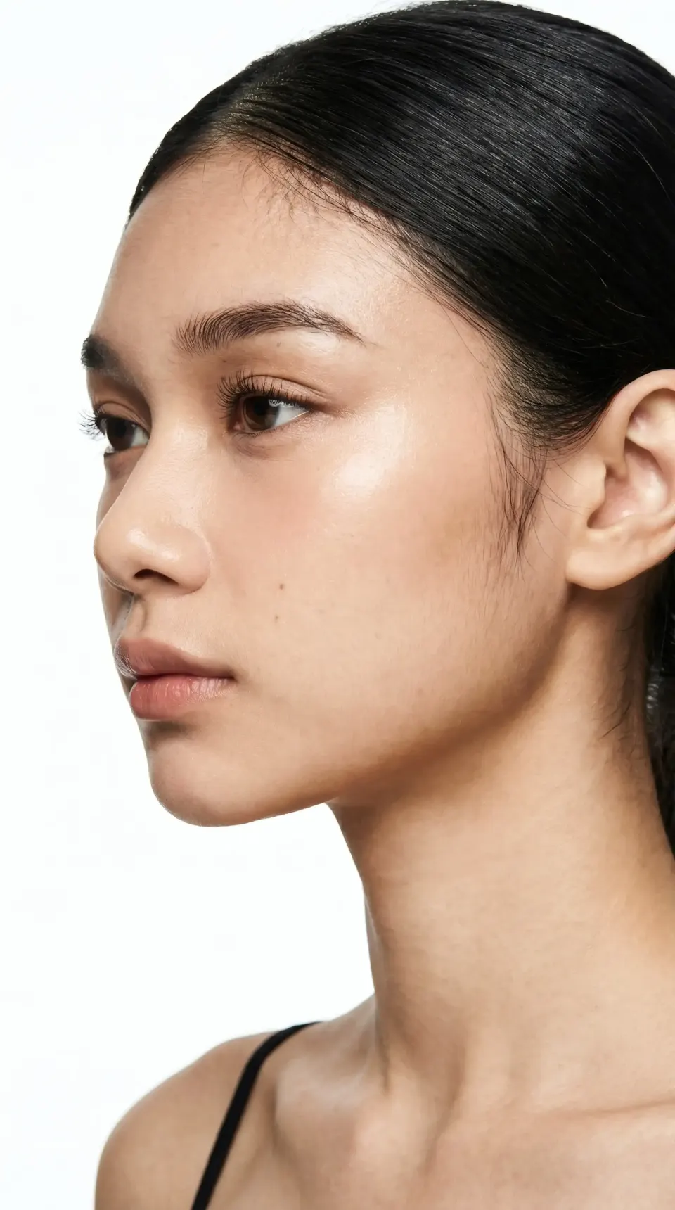 Side profile portrait of a young woman with smooth, radiant, healthy skin