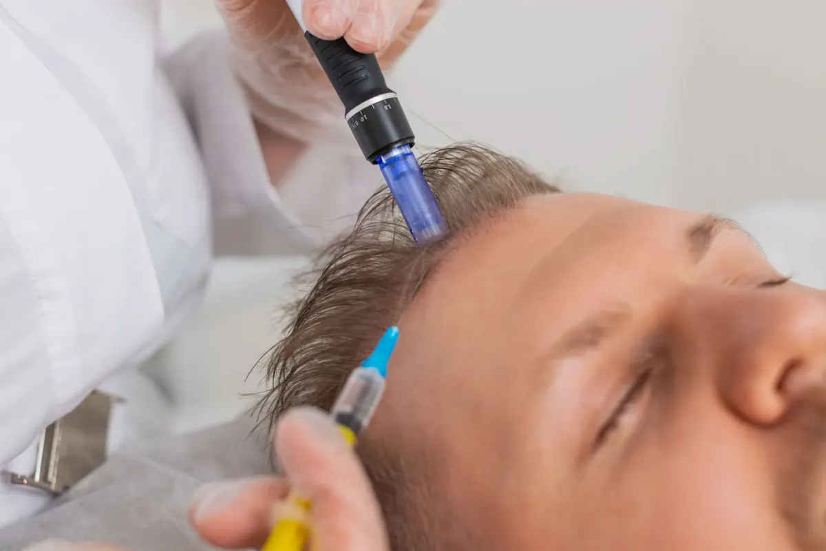 Practitioner performing scalp hair restoration treatment with microneedling device