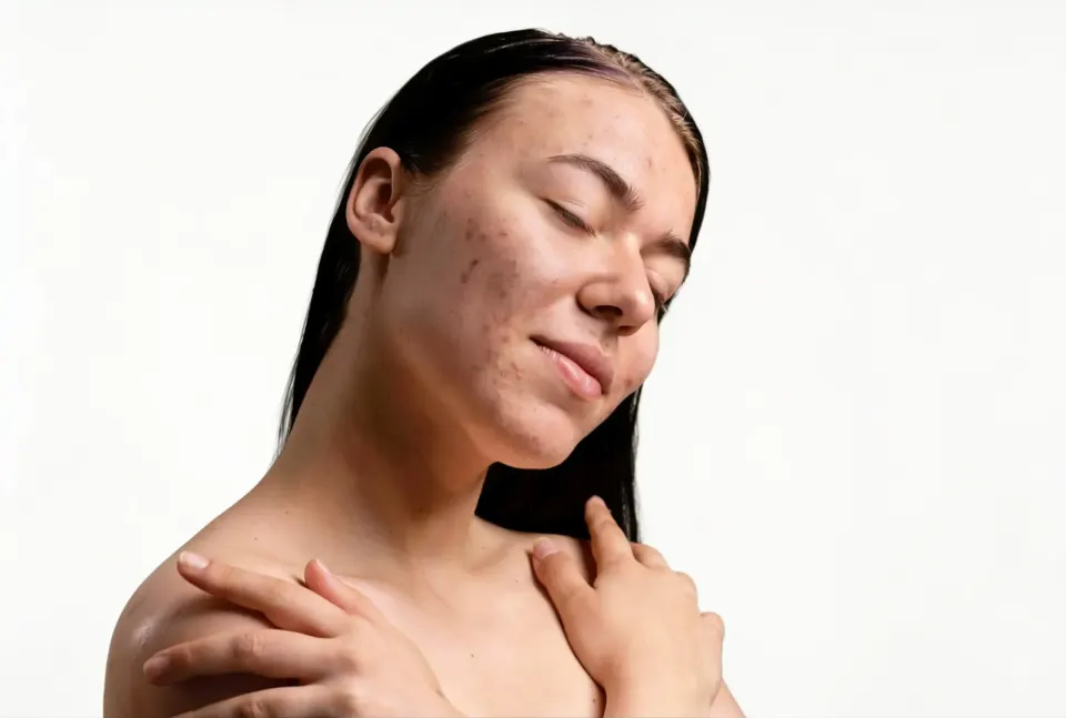 Woman with acne-prone skin on cheeks and jaw, eyes closed, bare shoulders