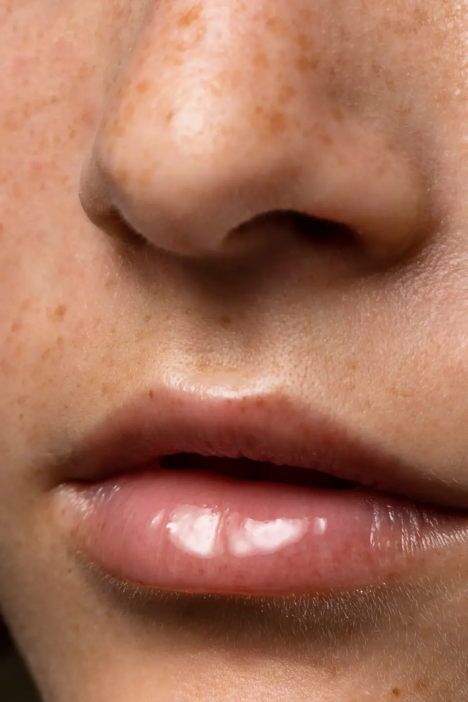 Close-up of woman's nose, lips and freckled skin texture